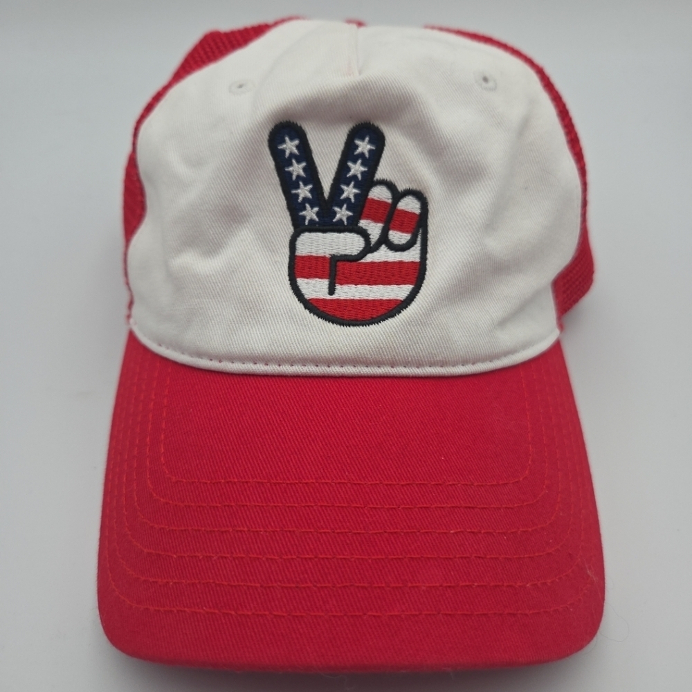 Vintage Mighty Fine Peace Sign Americana Snap Back Hat Cap EUC American FLAG